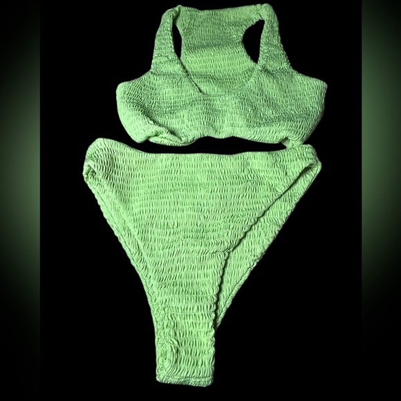 NWOT Naked Wardrobe Two Piece Swim Bikini Smocked Swimsuit Lime Green - Size L - Picture 2 of 7
